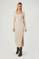 Women's Square-Neck Slit Midi Dress in Taupe, XL