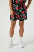 Men Rose Print Drawstring Shorts in Black, XL