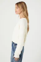 Women's Cropped Fuzzy Knit Sweater in Cream Large