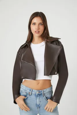 Women's Faux Leather Cropped Moto Jacket in Brown Small