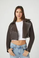 Women's Faux Leather Cropped Moto Jacket in Brown Medium