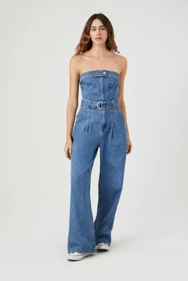 Women's Belted Denim Tube Jumpsuit in Medium Denim Small