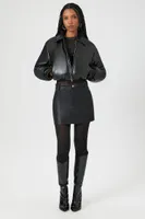 Women's Cropped Faux Leather Bomber Jacket in Black, XS