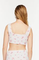 Women's Rose Print Ruched Lounge Crop Top in White/Pink Small