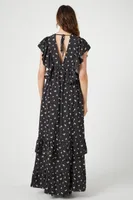 Women's Floral Butterfly-Sleeve Maxi Dress in Black/Pink Small