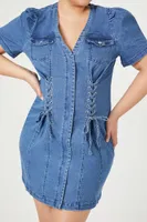 Women's Denim Lace-Up Mini Dress in Medium Denim, 1X