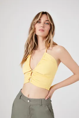 Women's Ruched Cutout Halter Crop Top in Cornsilk, XL