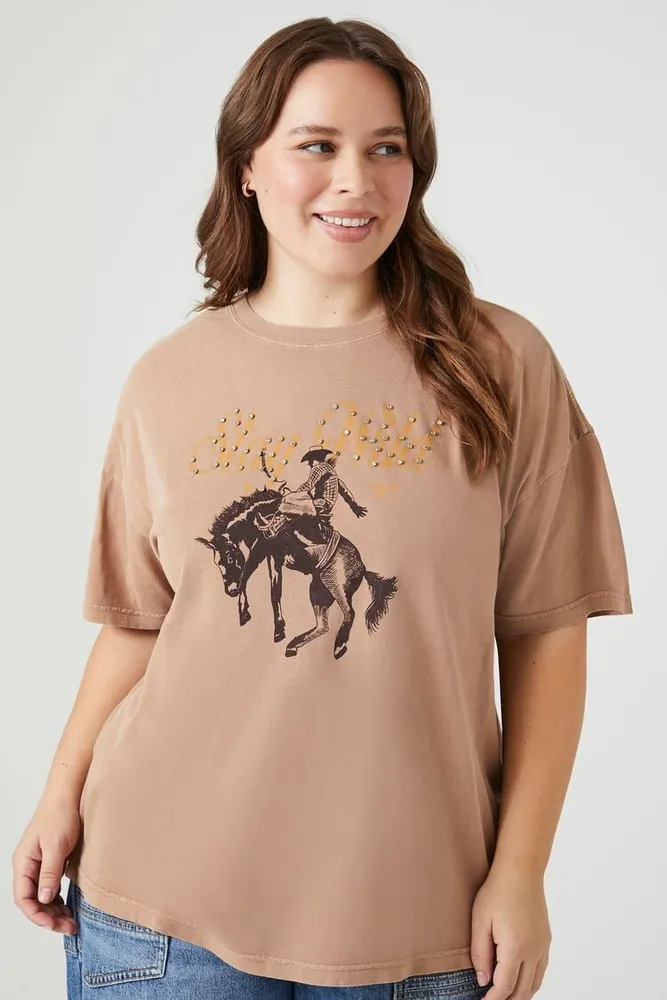 Women's Stay Wild Cowboy Graphic T-Shirt in Tan, 1X