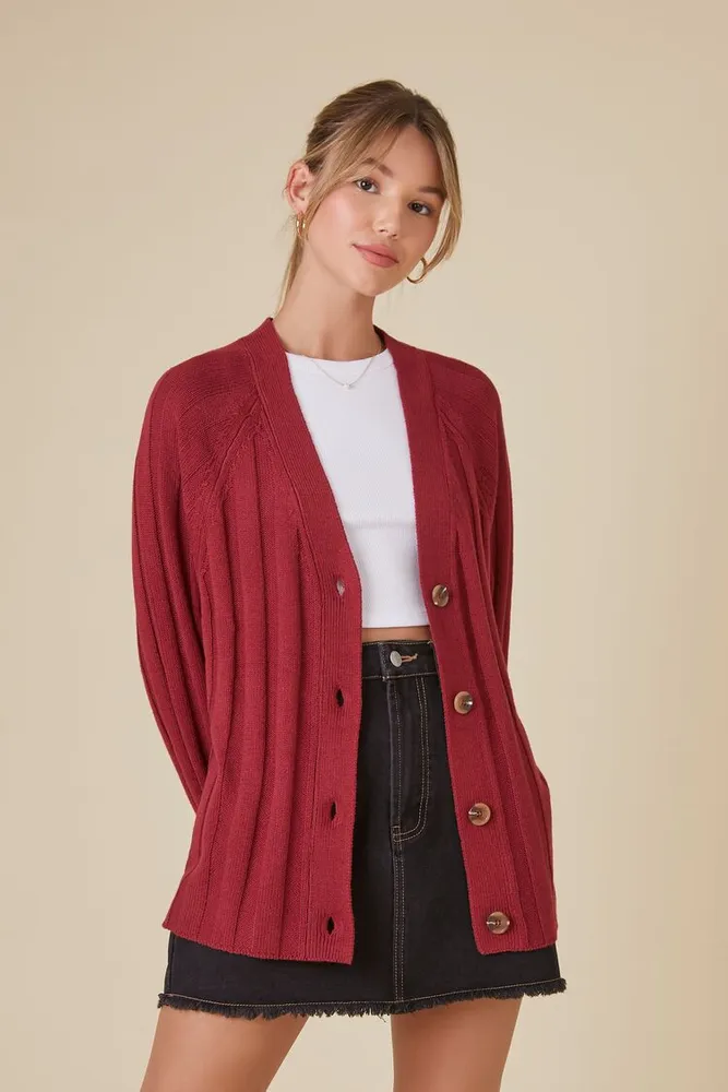 Women's Ribbed Cardigan Sweater in Burgundy, XS