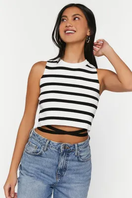 Women's Striped Strappy Sleeveless Crop Top in Black/White Small