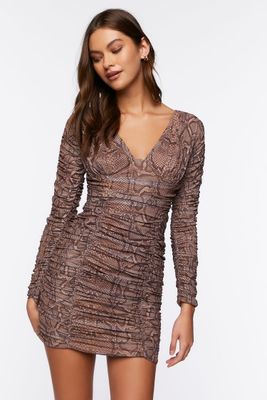 Women's Mesh Snakeskin Print Mini Dress in Brown Small