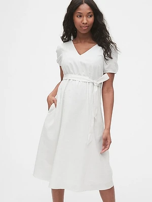 Maternity Linen-Cotton V-Neck Midi Dress