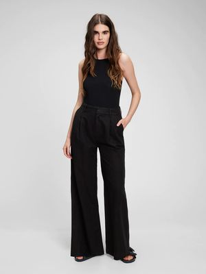 High Rise Linen-Cotton Pleated Wide Leg Pants with Washwell