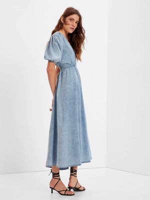 Denim Blouson Cutout Maxi Dress with Washwell