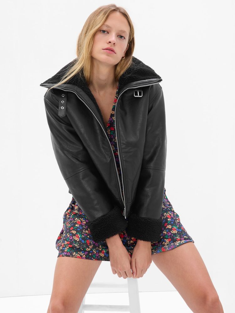 Faux-Leather Sherpa-Lined Moto Jacket