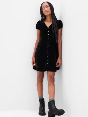 Teen Button-Front Velvet Dress
