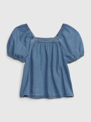 Toddler Puff Sleeve Denim Top with Washwell