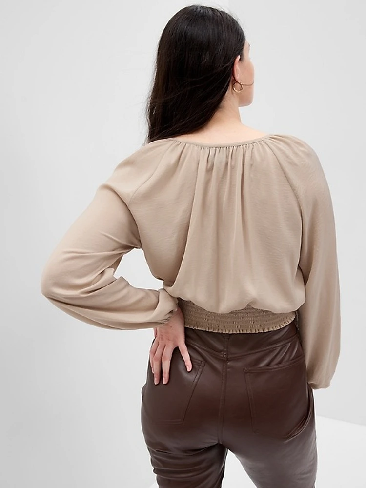 Button-Front Smocked Hem Top