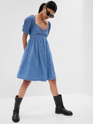 Puff Sleeve Denim Mini Dress with Washwell