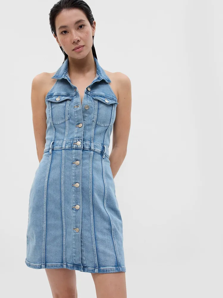 Button-Front Denim Halter Dress with Washwell