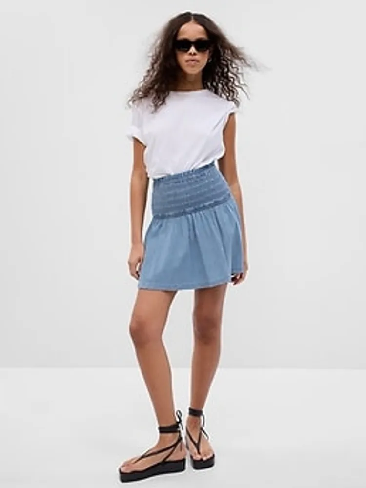 LENZING3 TENCEL3 Lyocell Smocked Denim Mini Skirt with Washwell