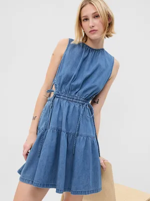 Denim Side-Tie Cutout Mini Dress with Washwell