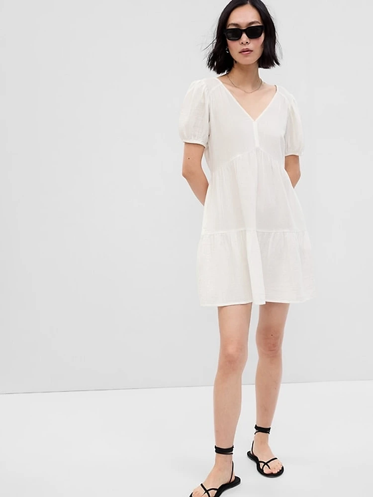 Crinkle Gauze Puff Sleeve Tiered Mini Dress