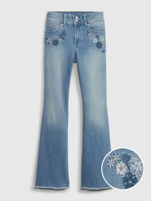Kids High Rise Embroidered Flare Jeans with Washwell