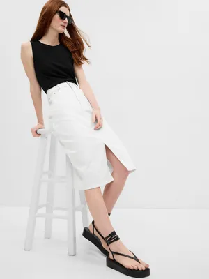 High Rise A-Line Denim Midi Skirt with Washwell