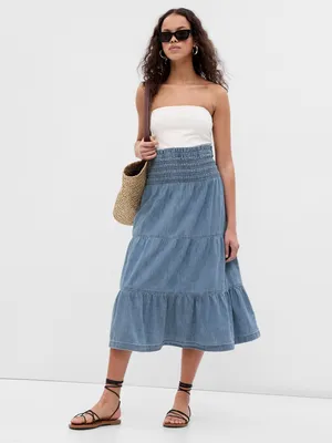 Smocked Tiered Denim Midi Skirt with Washwell