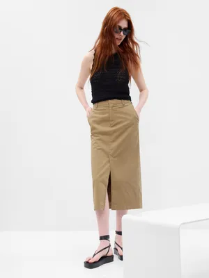 High Rise Pencil Khaki Midi Skirt with Washwell