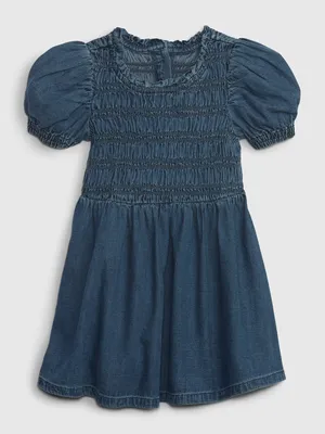 Toddler Puff Sleeve Smocked Denim Dress with Washwell