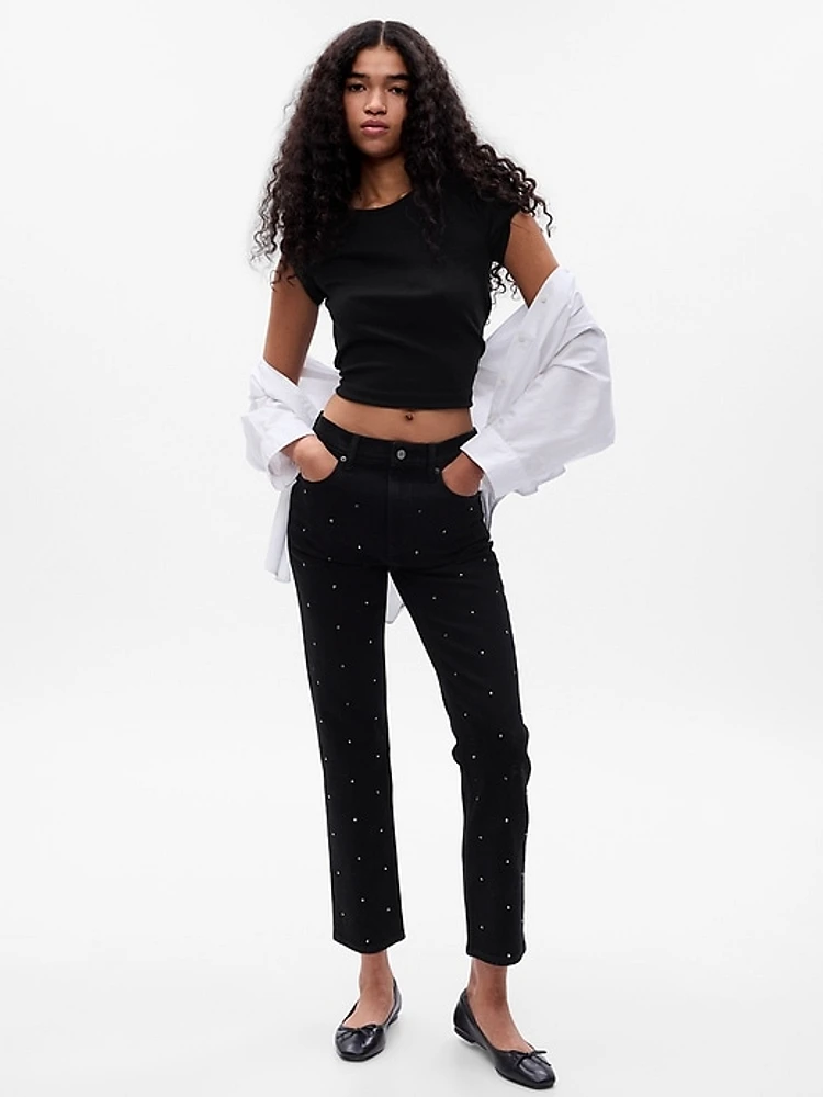 High Rise Rhinestone Cheeky Straight Jeans