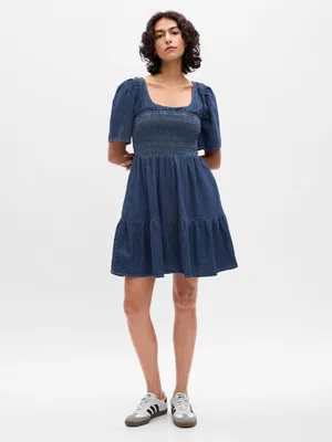 Smocked Denim Mini Dress with Washwell