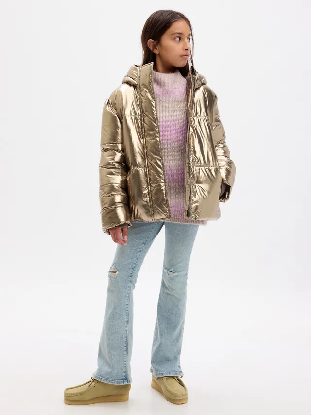 Girls' 100% Recycled Heavyweight Puffer Jacket by Gap Silver Metallic Size S (6/7)