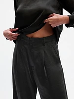 High Rise Pleated Satin Wide-Leg Trousers