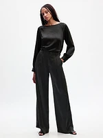 High Rise Pleated Satin Wide-Leg Trousers