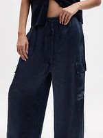 Mid Rise Satin Wide-Leg Cargo Pants