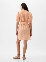 Linen-Cotton Puff Sleeve Mini Shirtdress