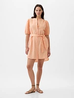 Linen-Cotton Puff Sleeve Mini Shirtdress