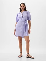 Linen-Cotton Puff Sleeve Mini Shirtdress