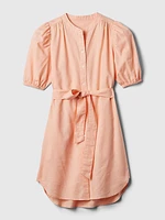 Linen-Cotton Puff Sleeve Mini Shirtdress