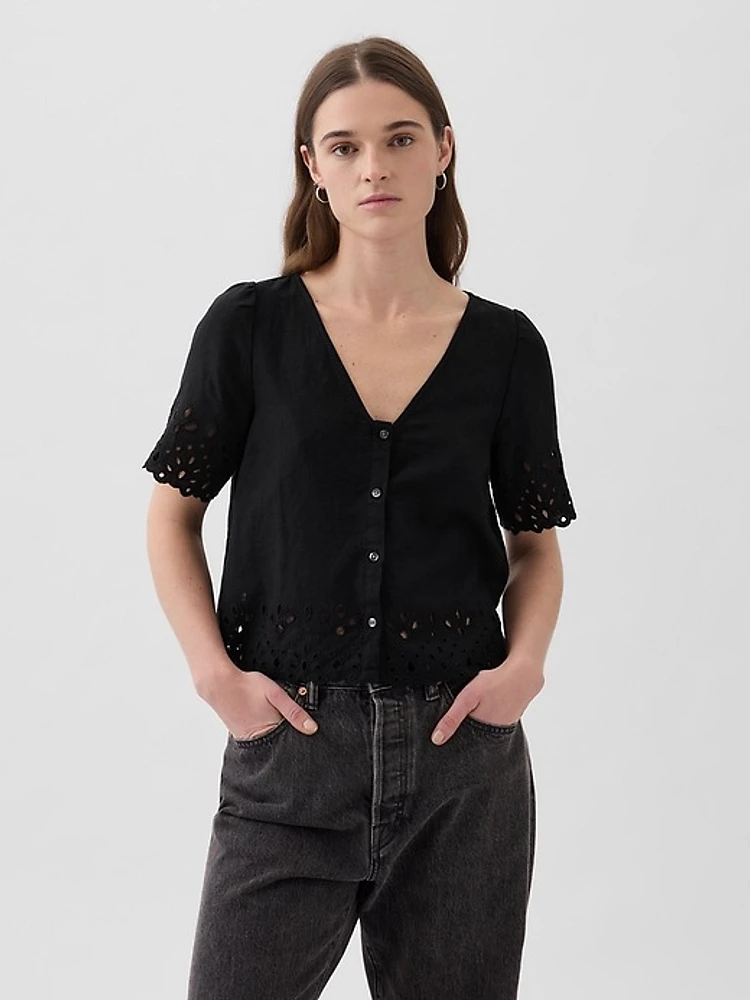 Linen-Blend Cropped Eyelet Shirt