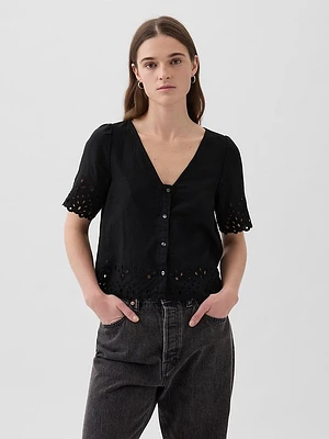 Linen-Blend Cropped Eyelet Shirt