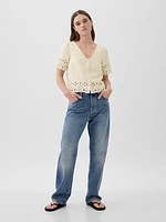 Linen-Blend Cropped Eyelet Shirt