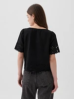 Linen-Blend Cropped Eyelet Shirt