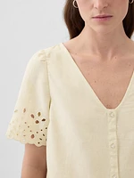 Linen-Blend Cropped Eyelet Shirt