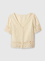 Linen-Blend Cropped Eyelet Shirt