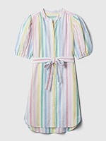 Linen-Cotton Puff Sleeve Mini Shirtdress