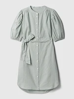 Linen-Cotton Puff Sleeve Mini Shirtdress